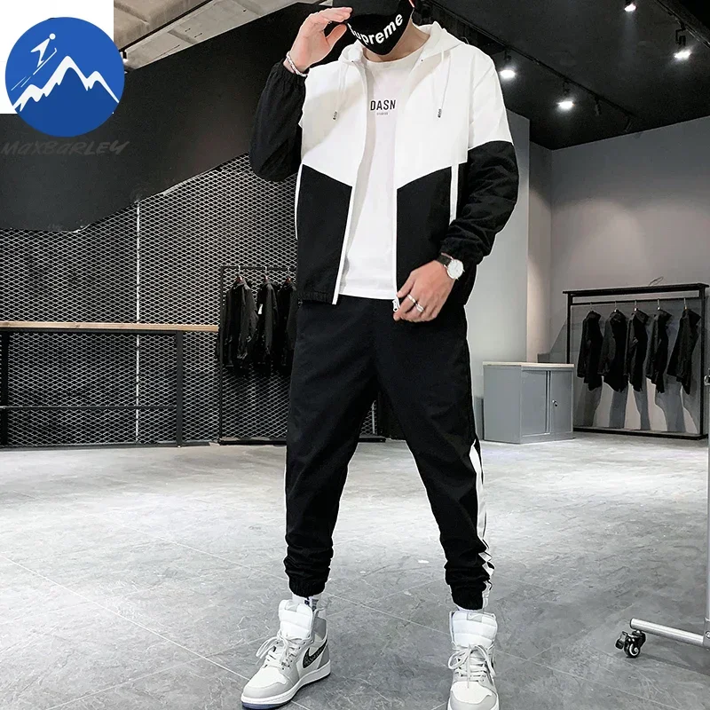 

Spring Autumn Men Sportswear Set Casual Jogger Sweatsuit Hooded Jacket + Pants Two Piece Hip Hop Running Training Sports Suit