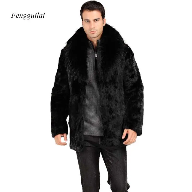 Autumn and Winter Men\'s Fashion Slim Fit Imitation Fur Collar Fur Coat Black Luxury Coat Men