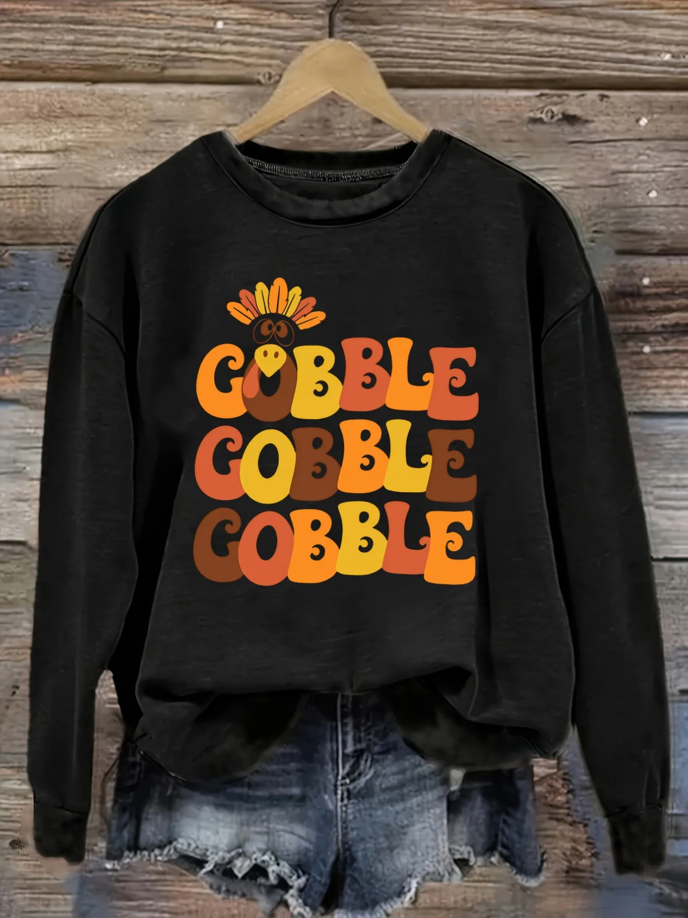 Women's Casual Long Sleeve Crew Neck T-Shirt Gobble Gobble Gobble Turkey Print Design, Round Neck Women's Clothing, Machine Washable, Slightly Elastic, Loose Fit, Spring Autumn Winter Women's T-Shirt, Halloween Costume Outfit