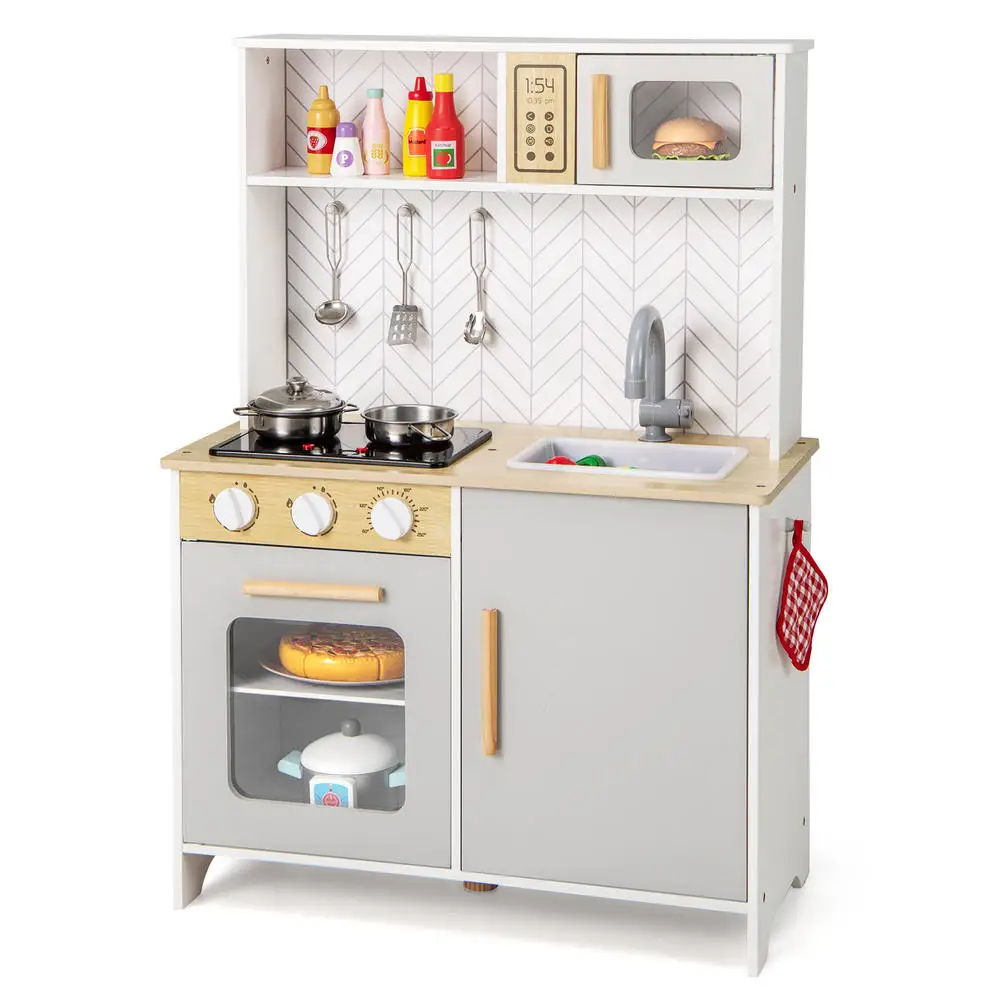 Kids Kitchen Playset With Lights Sounds Microwave Stoves Sink Oven And Cooking Accessories-White