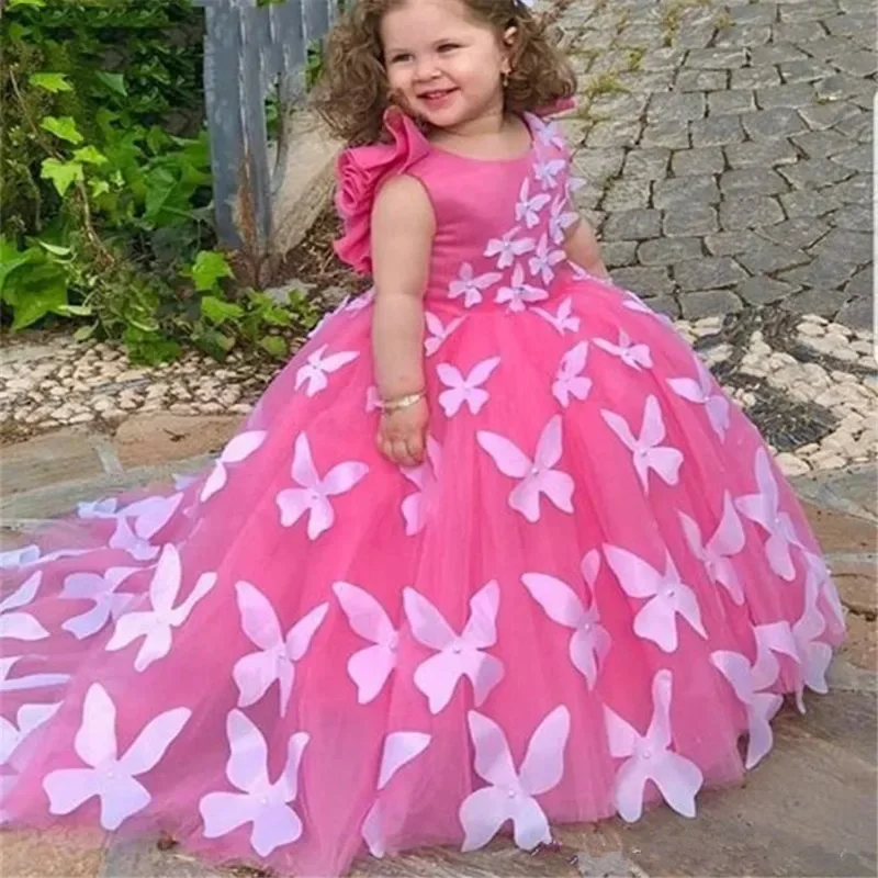 Flower Girl Dress Sleeveless Butterfly Pearls Round Collar Children Girl Wedding Birthday Party First Communion Holiday Gown