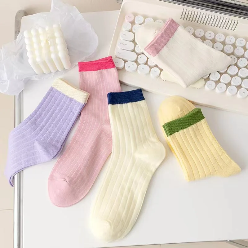 Sweet Style Dopamine Color-Block Striped Socks for Women Summer Thin Rainbow Student SocksinsMid-Calf Socks Casual Socks