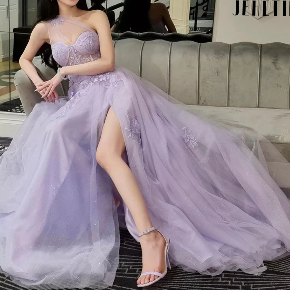 JEHETH Lilac One Shoulder Celebrity Prom Dresses Split Long 2024 Flower Graduation School 3D Flower Tulle Evening Party Gown