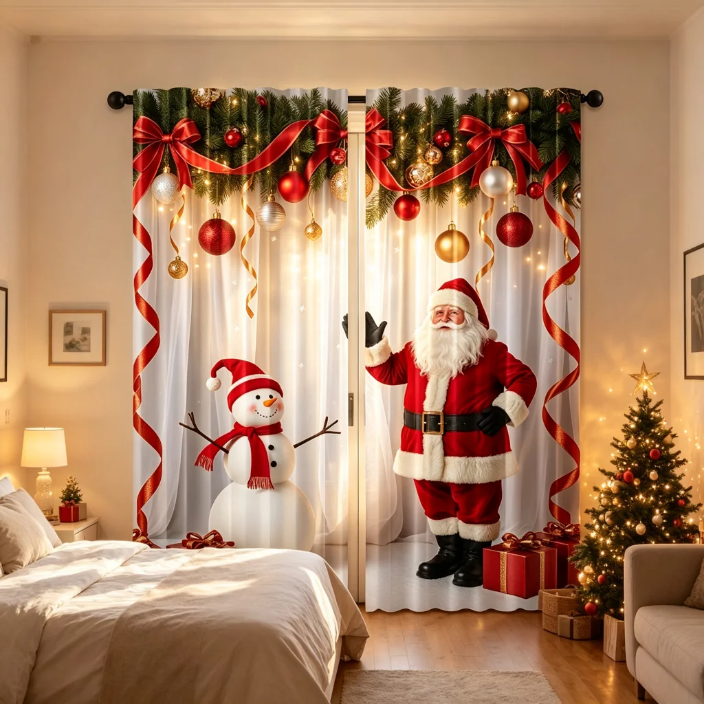 Santa Claus Christmas Snowman White Curtains, Rod Pocket, Polyester, Home Decor, Bedroom Living Room, Holiday Festive, Polyester