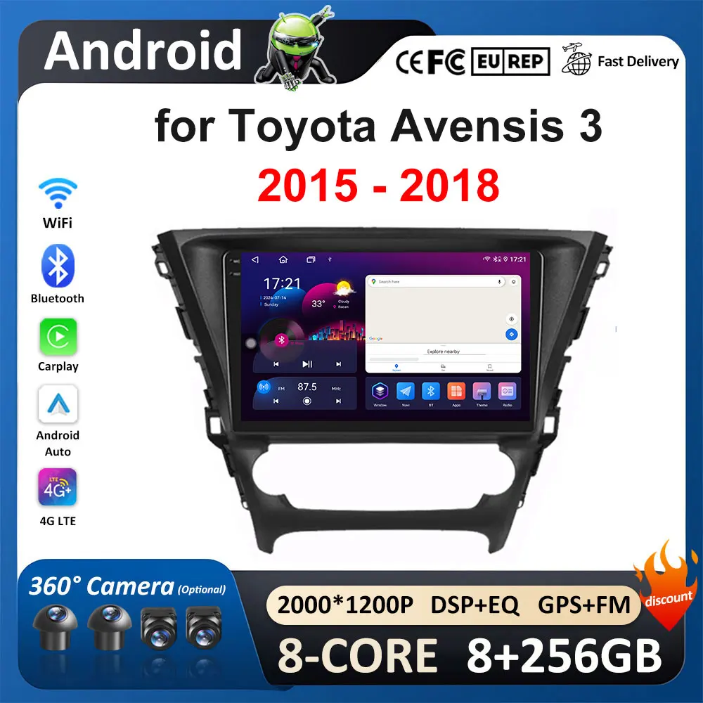 Carplay Android OS for Toyota Avensis 3 2015 2016 - 2018 Car Multimedia Player 4G Autoradio GPS Navigation WiFi BT Coooling Fan