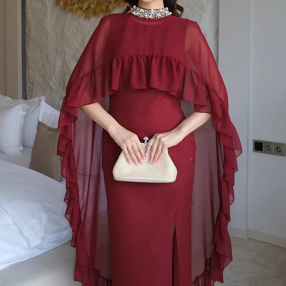 カスタマイズされたストレートイブニングドレス足首までの長さのハイネックノースリーブプロムドレスファッションビーズストールシャーリングドレープパーティードレス