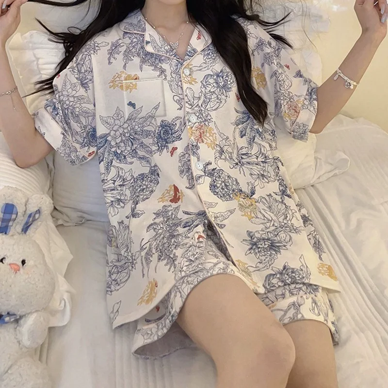 Luxury Ice Silk Pjs Summer Shorts Floral Pattern Short-sleeved Skin-friendly Suit Lapel Youth Lady Loungewear Set Saitn Pajamas