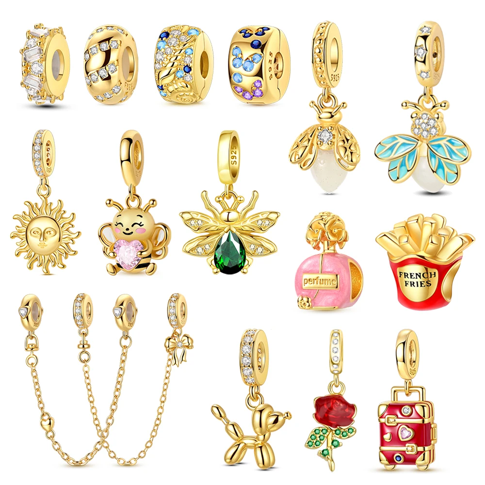 

Beautiful 925 Sterling Silver Rose Fries Sun Firefly Bee Suitcase Gold Charm Fit DIY Bracelet Necklace Luxury Gift Pairing