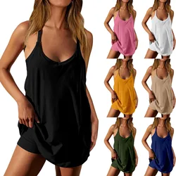 Womens Two-Piece Sports Dress Solid Color One Piece With Shorts Sleeveless Spaghetti Straps Golf Athletic Dresses