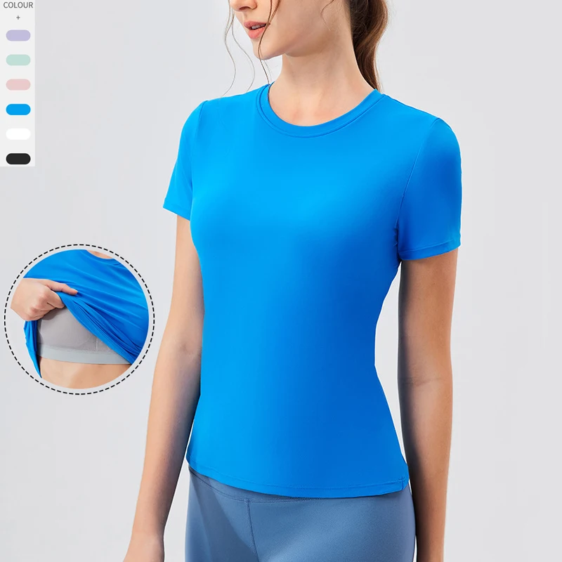 

Short Sleeve Yoga T-Shirt Women Summer Slim Fit Yoga Top Breathable Quick Dry Running Shirt With Chest Pads Female Gym Clothes