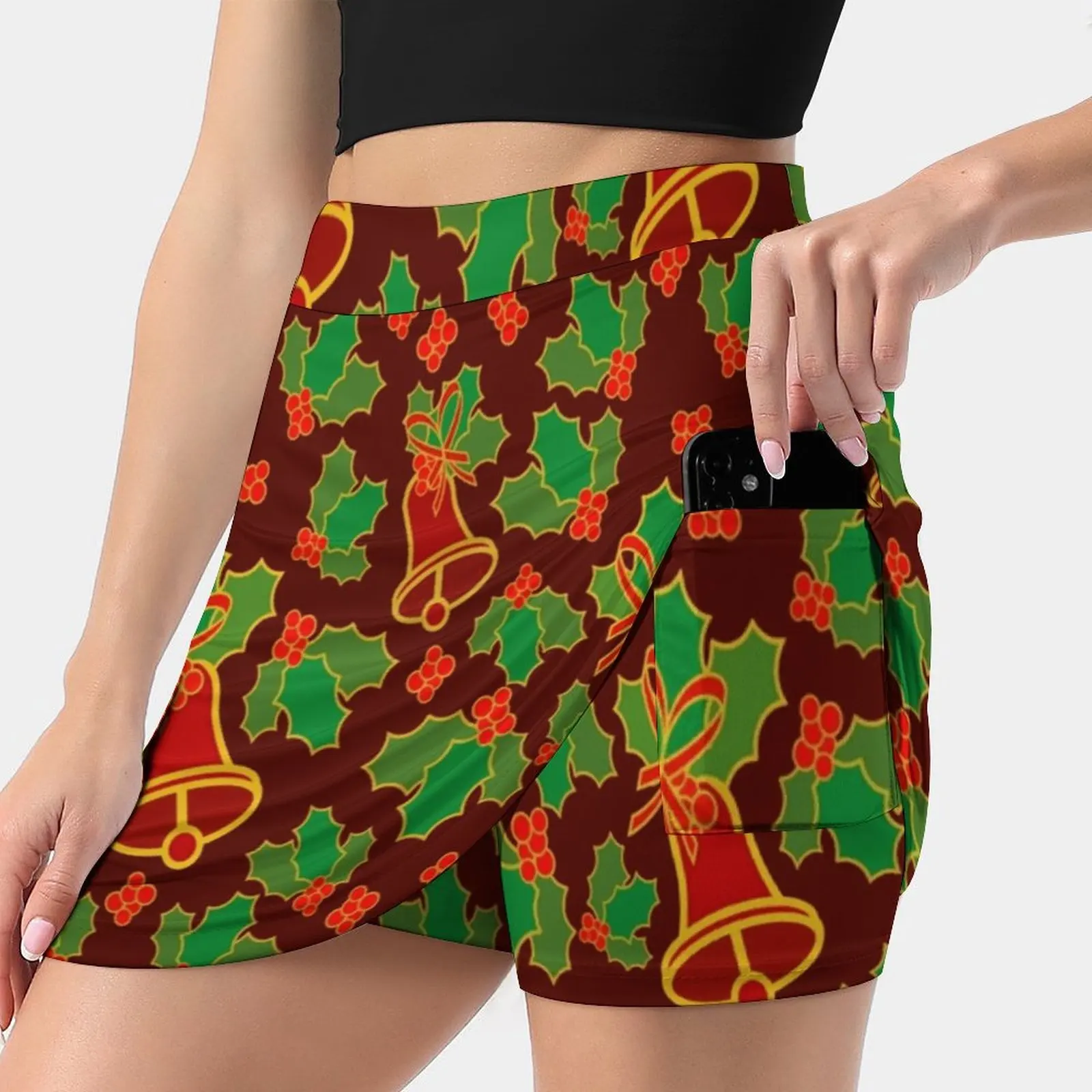 Red And Green Christmas Art Pattern Women Sports Lining Skirt Tennis Dance Fitness Short Printed Skirts Santa Claus Art Santa