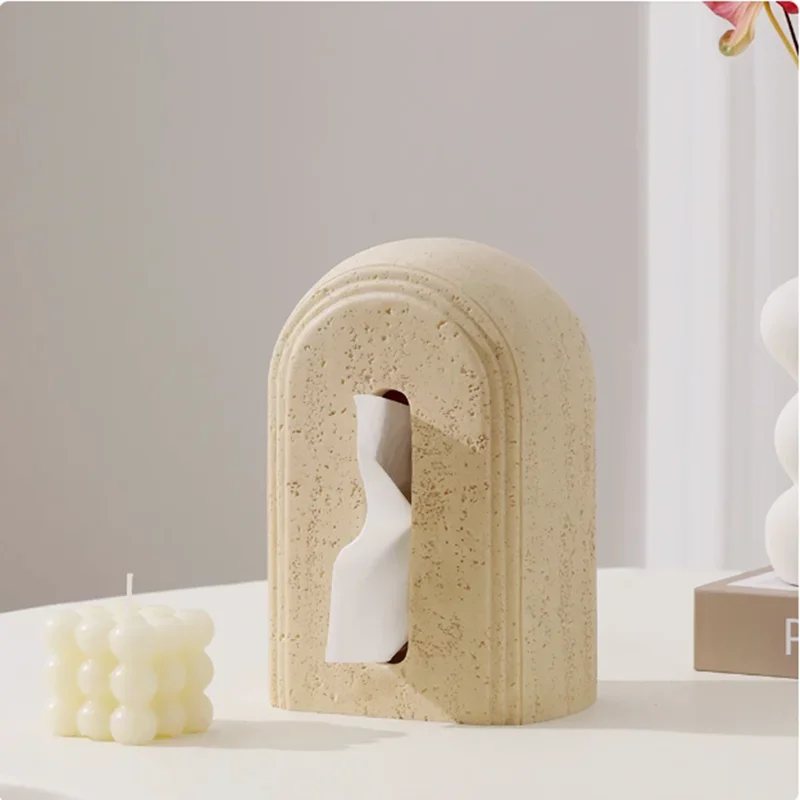 Light Yellow Cave Stone Tissue Box, Kitchen Storage Supplies, Living Room Creative Retro Cave Stone Desktop Upright Paper Box