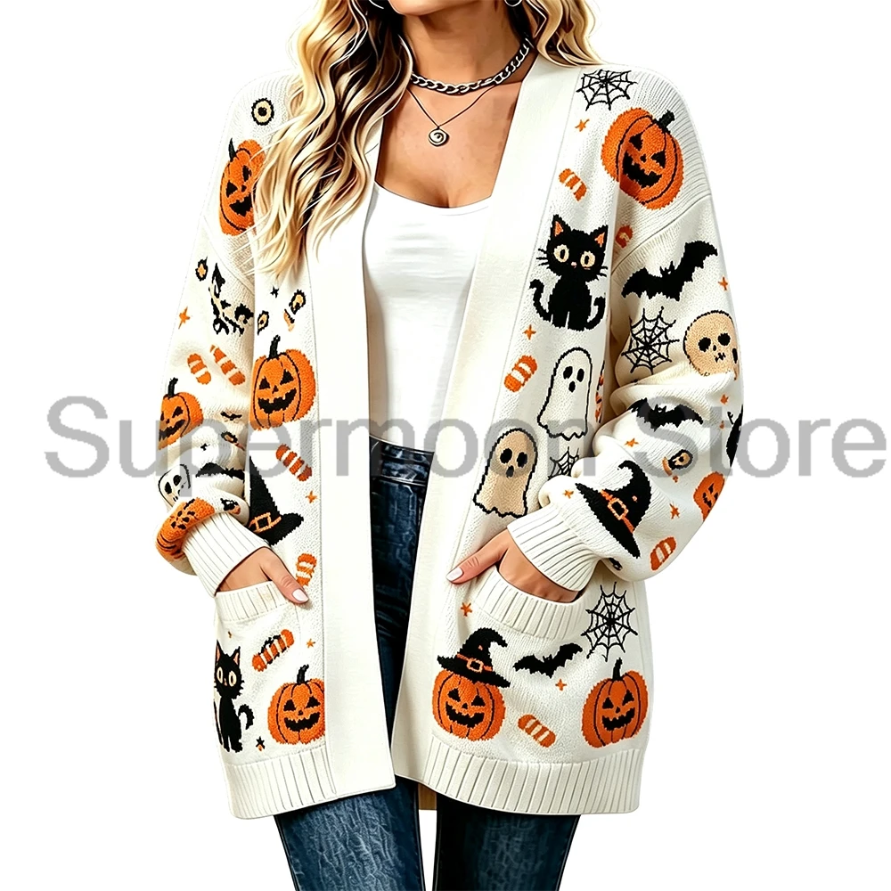 Halloween Pumpkin Ghost Black Cat Bat Knit Cardigan Long Sleeve Open Front Sweater with Pockets Women Casual Loose Outfits