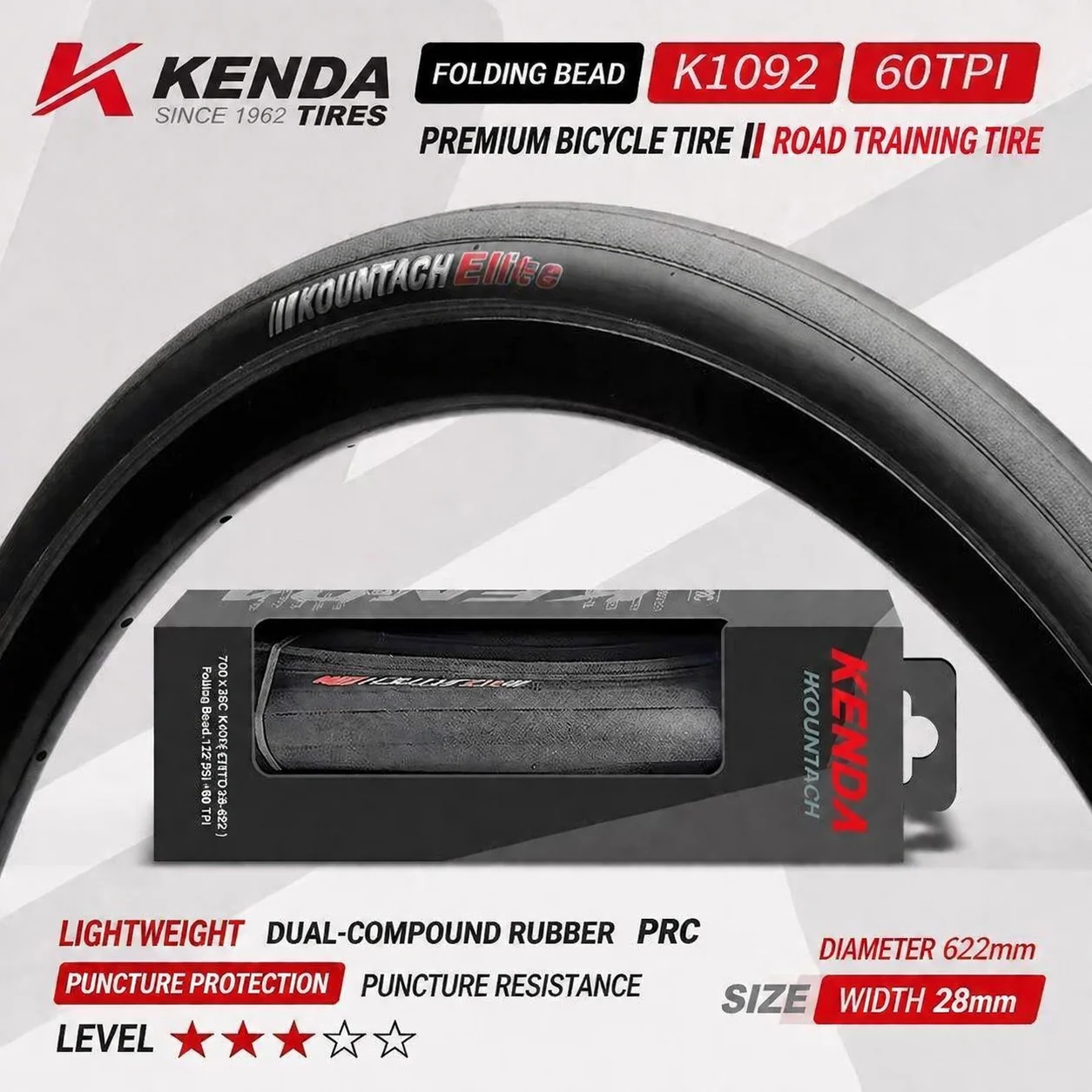Велосипедная покрышка Kenda K1092 для шоссейных велосипедов, устойчивая к проколам и скольжению, ультралегкая, складная, 700x25c/28c, Kountach Elite