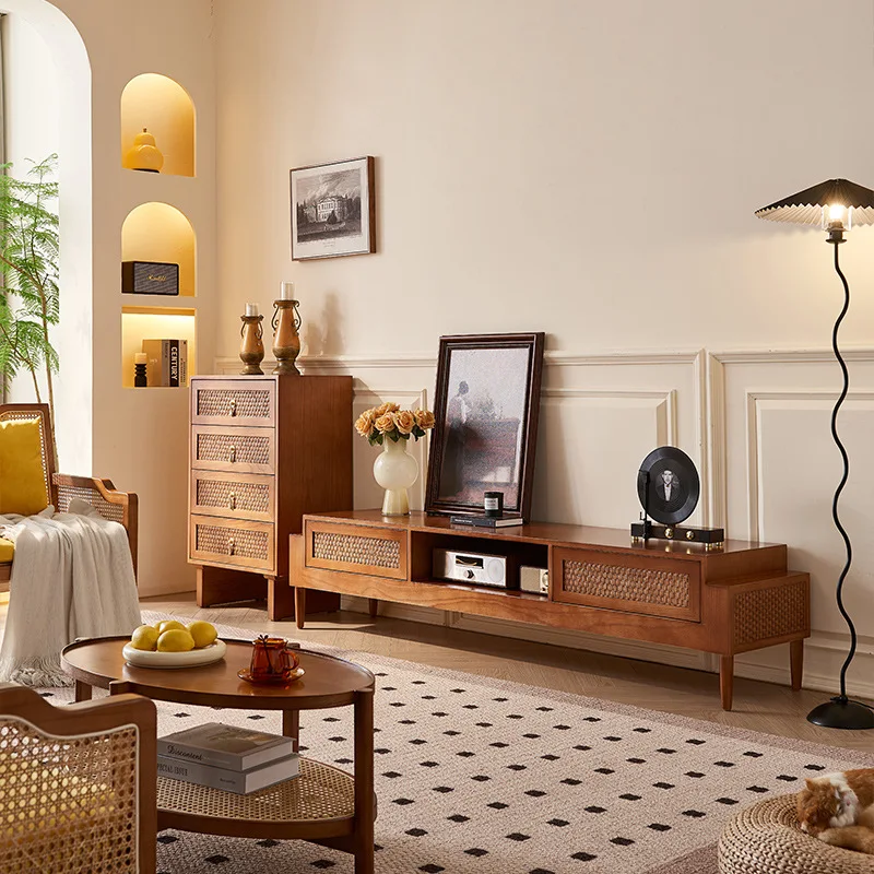 

Wabi-sabi style rattan solid wood TV cabinet home living room drawer corner cabinet small apartment designer retro storage cabin