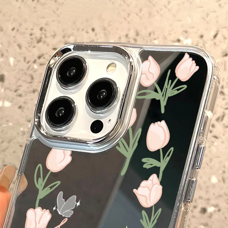 Mirror Make up Phone Cases For iPhone 15 Pro Max Case iPhone 14 13 11 12 Pro X XR XS Max Funda Soft TPU With Phone Lanyard Cover