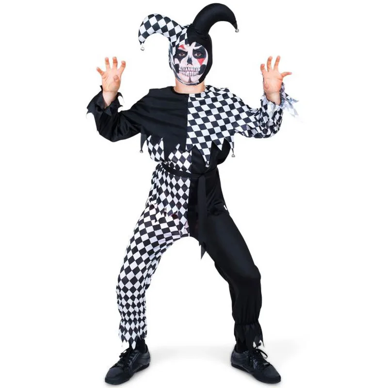 Kids Circus Black White Patchwork Jumpsuit Hat Set Boys Girls Carnival Clown Role Play Halloween cosplay Costumes Stage Outfits