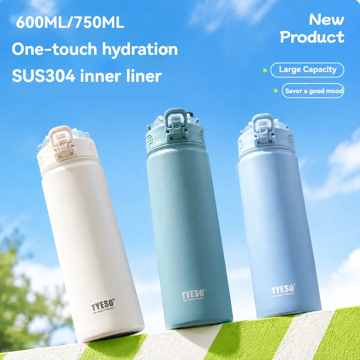 Tyeso 600/750ML Stainless Steel Vacuum Flask With Straw Car