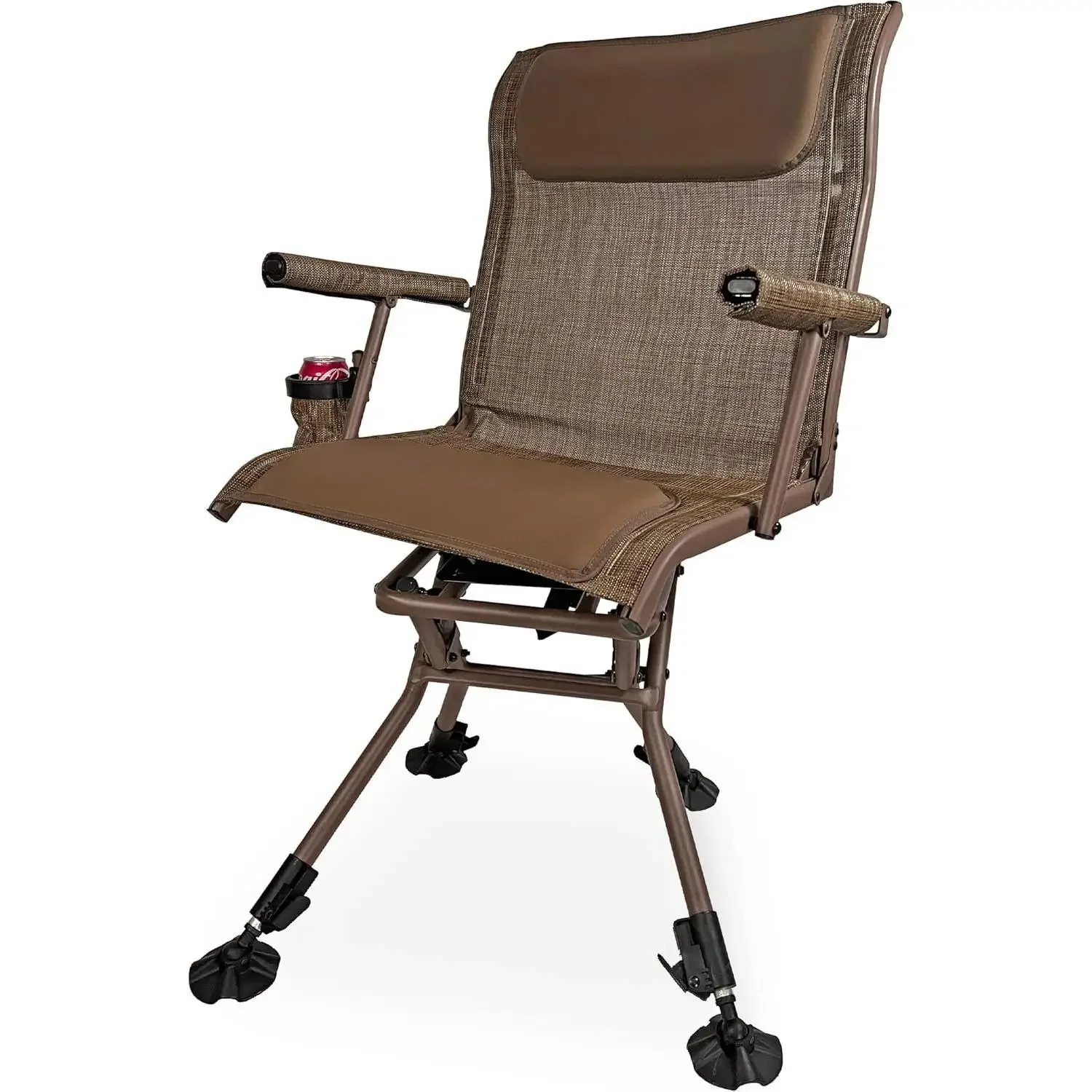 كرسي صيد دوار XL – شديد التحمل 360 درجة °   مقعد أعمى صامت يدعم 300 رطل، ومساند للذراعين المبطنة، وأقدام لجميع التضاريس، وحامل الأكواب