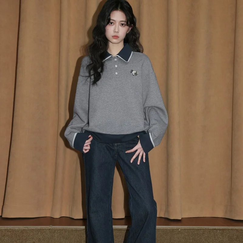 Women Thin New Trendy Loose Korean Style Cartoon Embroidered Spliced Collared Top Girls Daily Casual Long Sleeve Top
