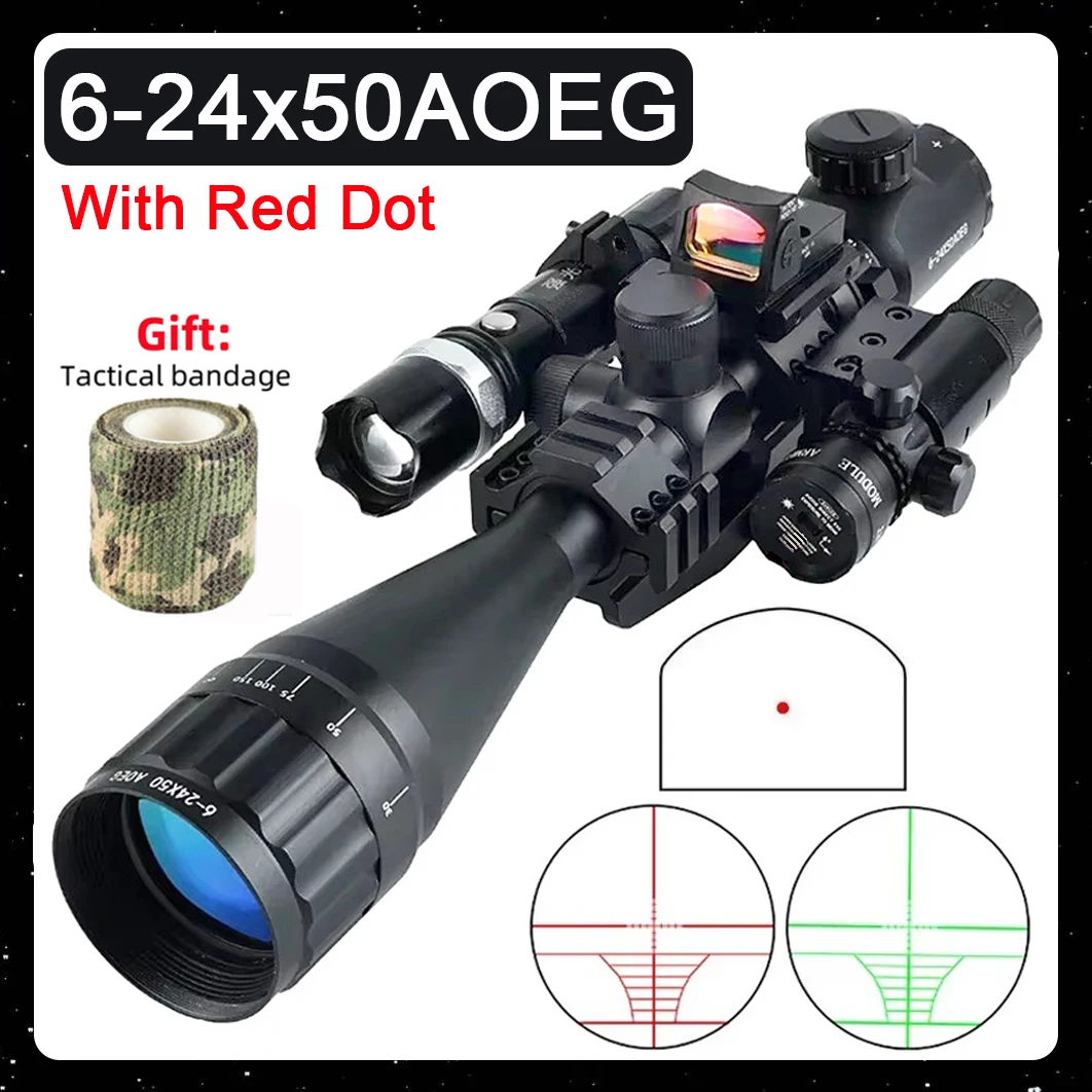 Tactical Red Green Reticle Illuminated Scope 6-24x50AOEG with Red Dot Hunting Optical Laser Combo Airsoft Accessoires Combo