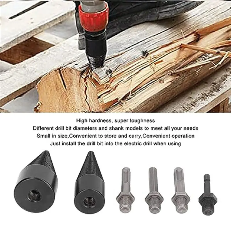 A77K Pack of 6 Log Splitter Bits, 32mm 42mm Removable Splitting Cone Firewood Splitter Bits with 4 Handles