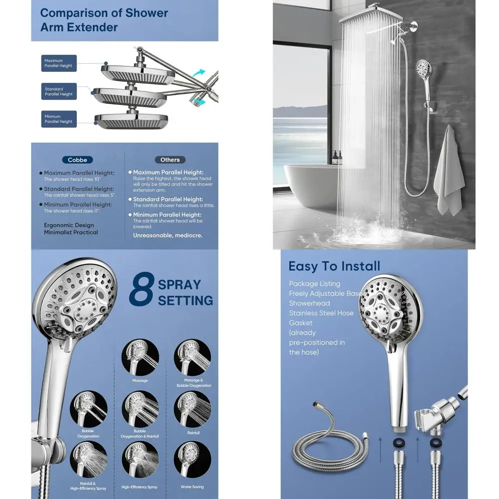 

Система двойного душа 12-в-1 — хромированный душ высокого давления с 8 режимами, ручной лейкой и регулируемым удлинительным шлангом