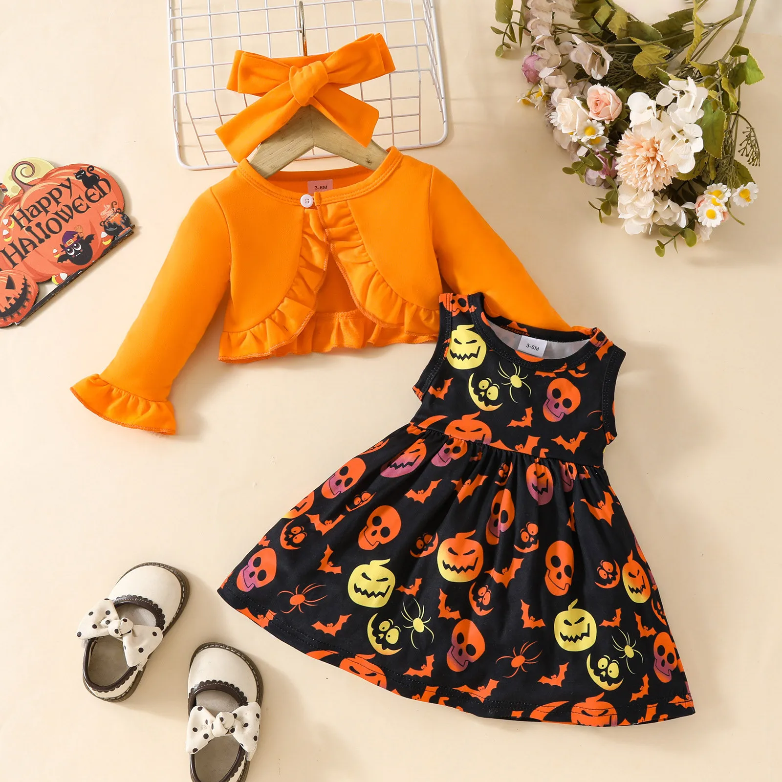 1 2 3 Years Infant Baby Girls Halloween Cartoon Prints Dress Suits Long Sleeve Coat Tops Headbands Sets 3Pcs Outfits for Girls