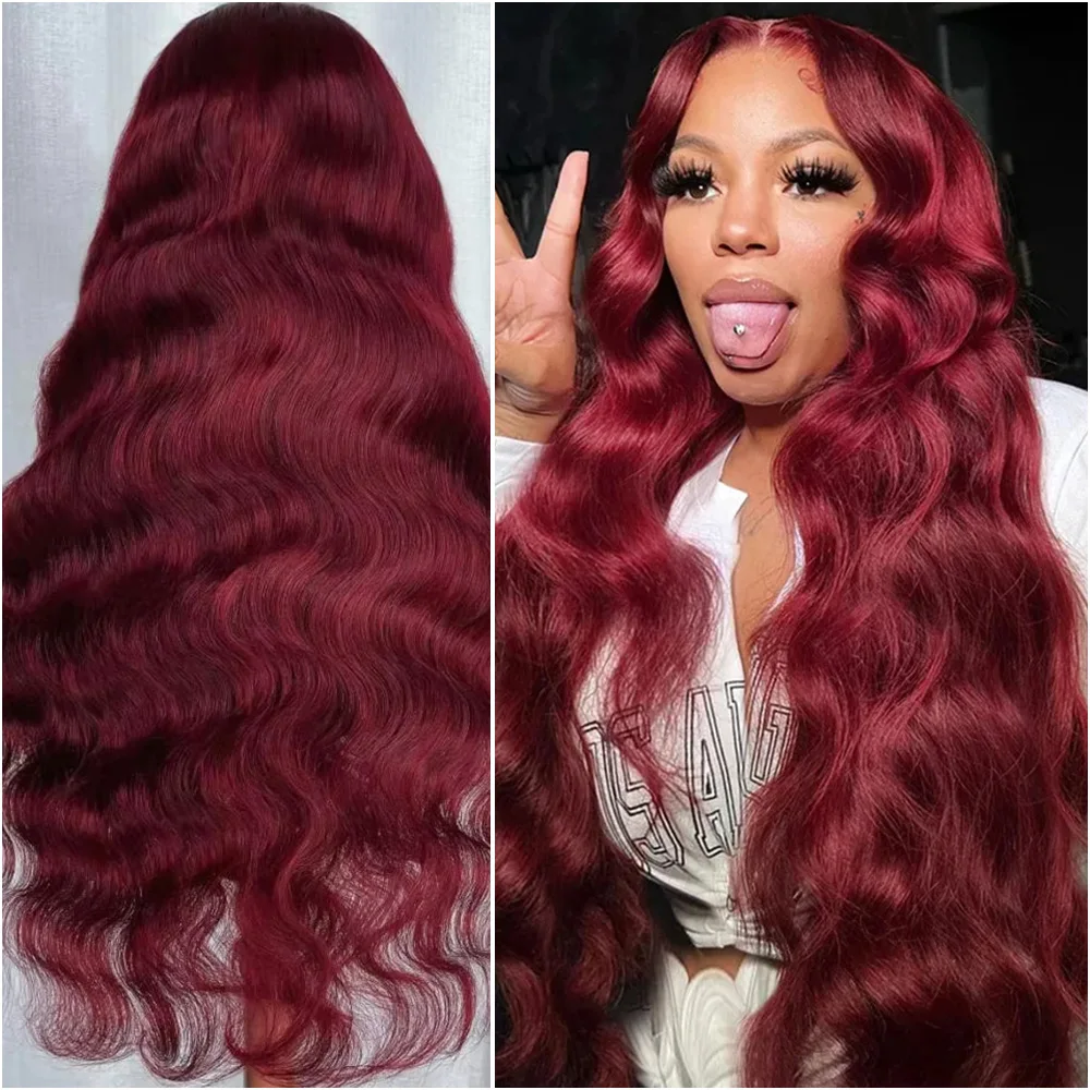 

Парик из натуральных волос 200% Body Wave, цвет бордовый 99J, 40 дюймов, с кружевной передней частью 13x4 13x6, HD прозрачный кружевной фронтальный парик, предварительно выщипанные волосы