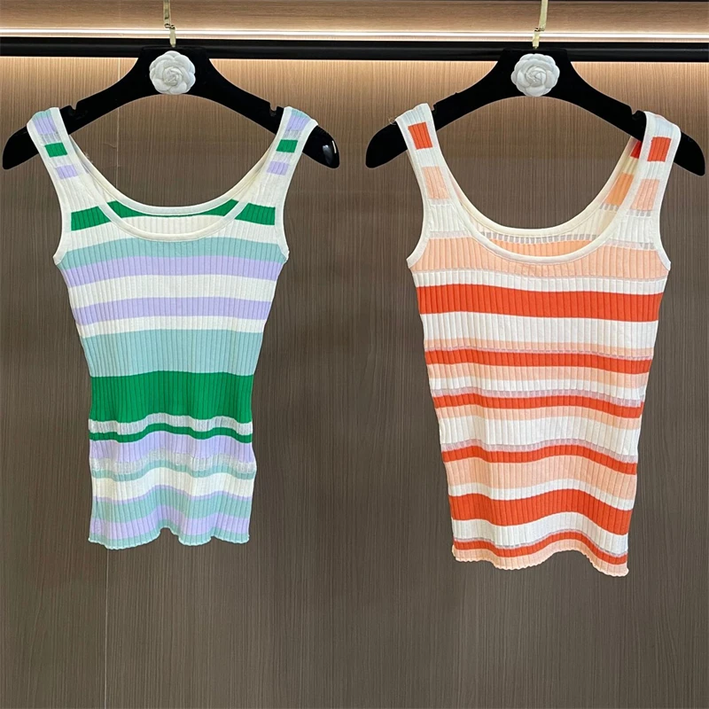 

2026 Summer New Women's Color Block Striped Knitted Vest, Y2K High-Quality Fashionable Sexy U-Neck Vest, Elastic Slim Fit Bra
