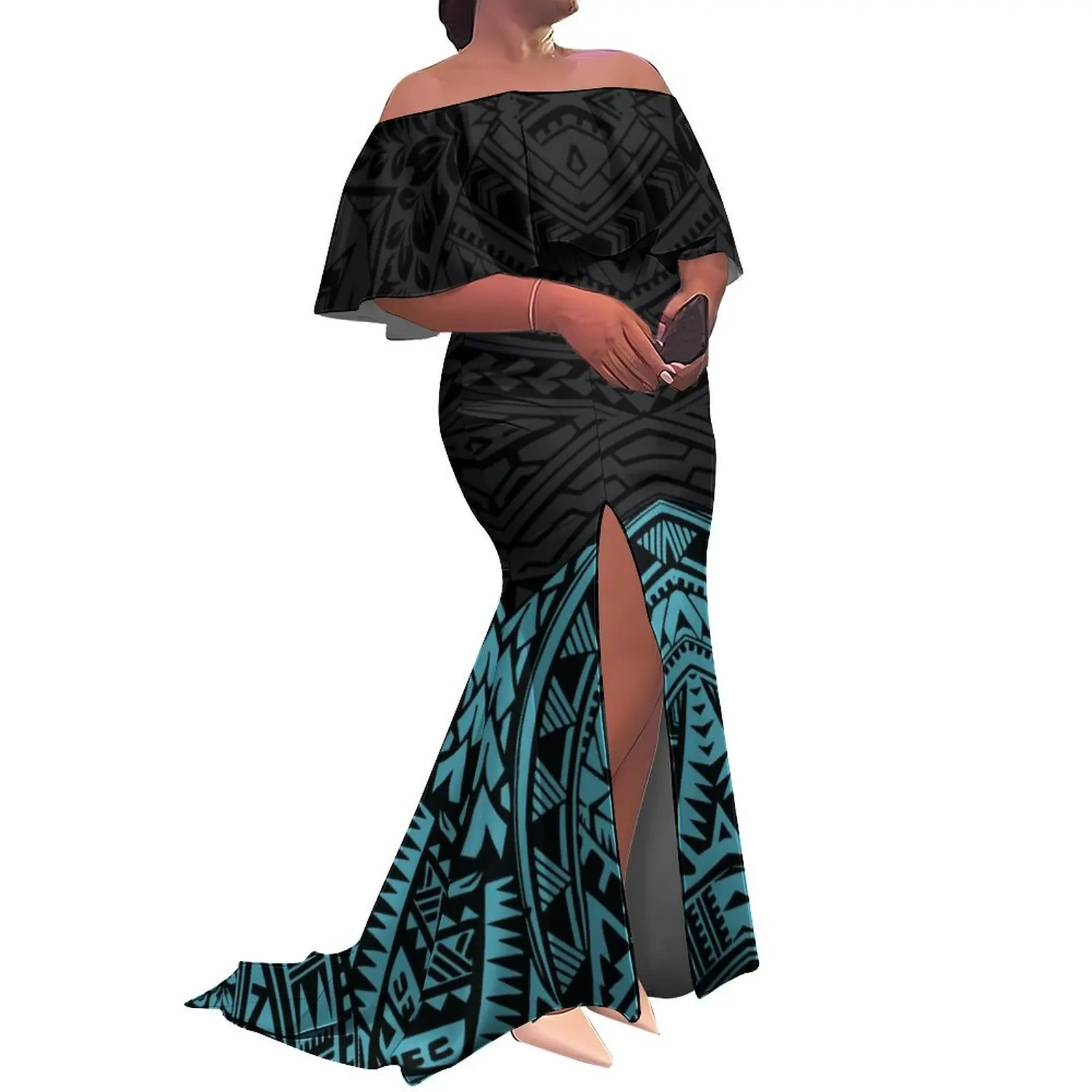 Steuerfreies, hochwertiges, individuell bedrucktes, plissiertes langes Kleid mit Schlitz, polynesisches Tribal-Damenkleid mit Rüschen, schulterfrei, Fischschwanzkleid