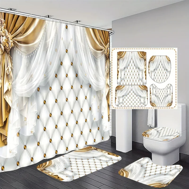 4pcs Luxury Drapery Pattern Set, Waterproof Shower Curtain With 12 Hooks, Non-Slip Bath Rug, U-Shape Mat, Toilet