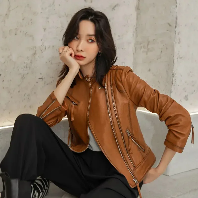 2024 New Spring Autumn Genuine Leather Jacket Women Sheepskin Coat Female Real Motorcycle Jackets for Veste Femme