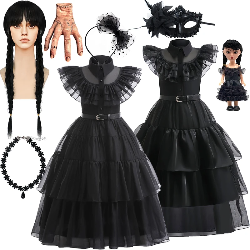 3-12Year Children's Halloween Role Play Addams Goth Style Black Long Dress Girls Makeup Ball Performance Costume Wig Accessories