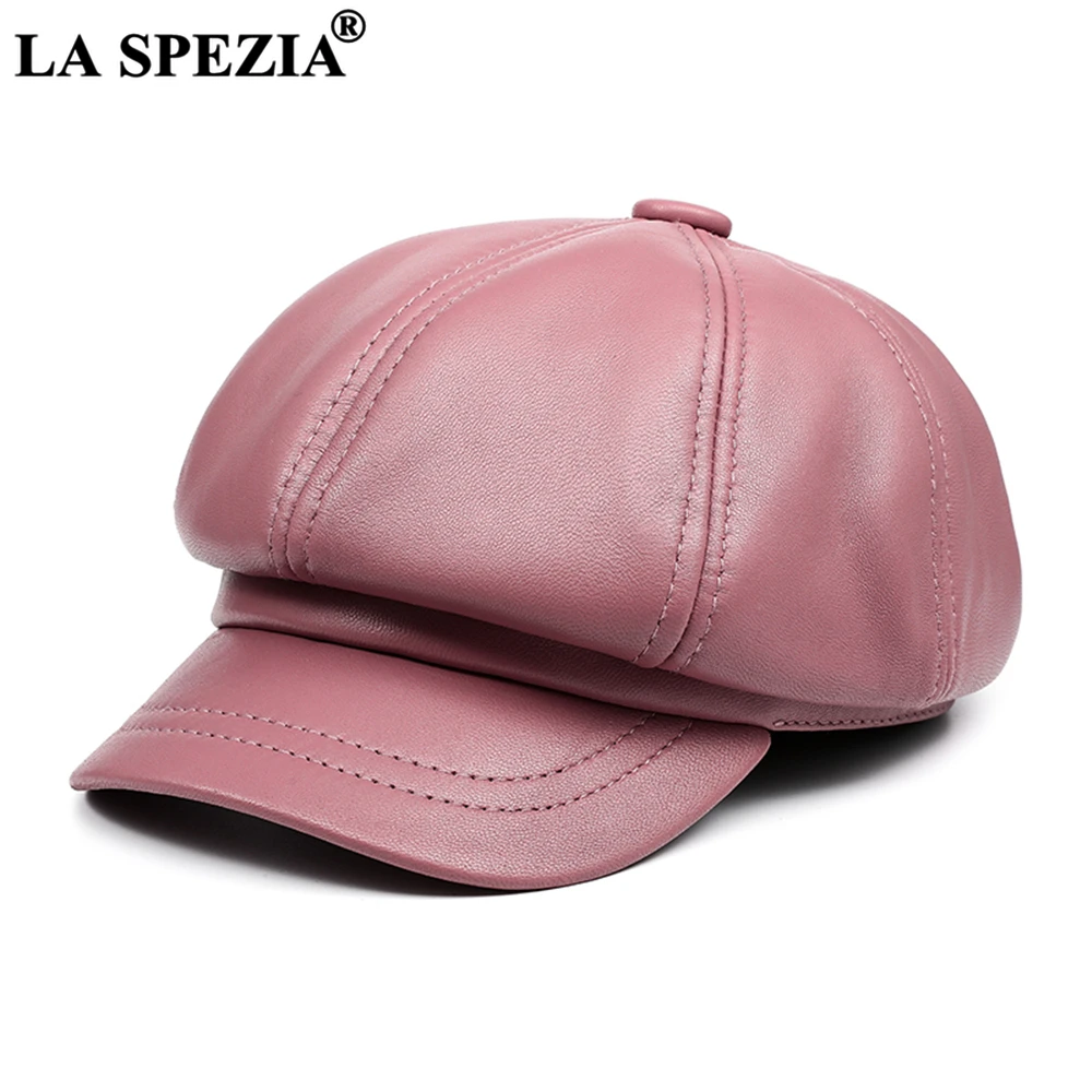 LA SPEZIA Real Leather Newsboy Cap Women Solid Baker Boy Cap Red Black Blue Pink Vintage Brand Ladies Winter Octagonal Cap