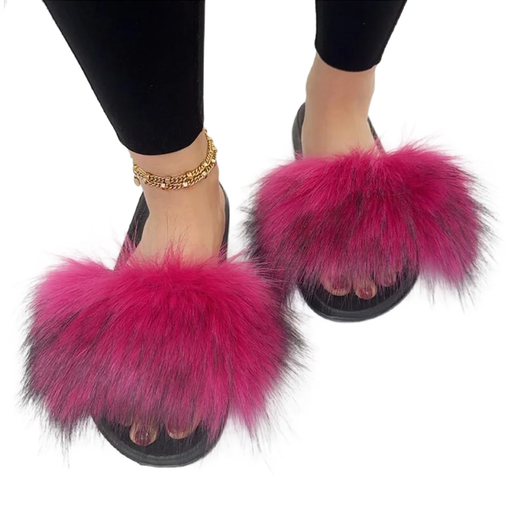 New Design Flat Bottom Fluffy Fuzzy Shoes Long Sheepskin Slide Women Faux Mongolian Fur Slippers 2023 winter fashion warm shoes