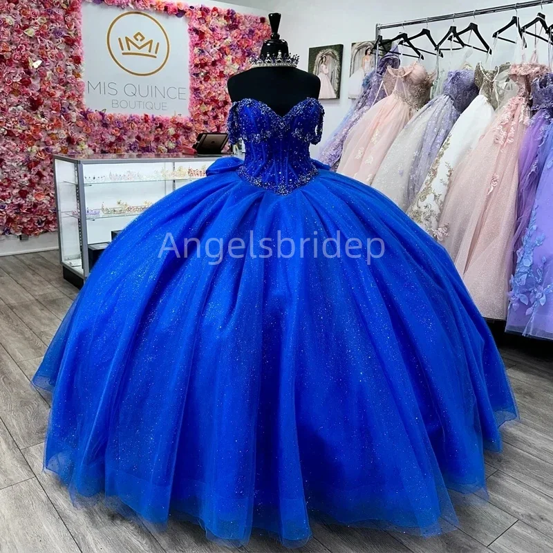 Angelsbridep Maßgeschneiderte Glitzer Perlen Königsblau Ballkleid Quinceanera Kleid Partykleider Vestidos 15 Años Quinceañera