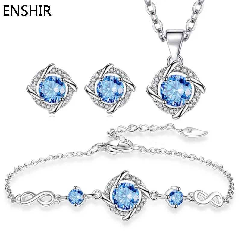 ENSHIR-Colgante de circonia blanca y azul para mujer, conjunto de joyería, collar, pendientes, pulsera, regalo de fiesta de compromiso