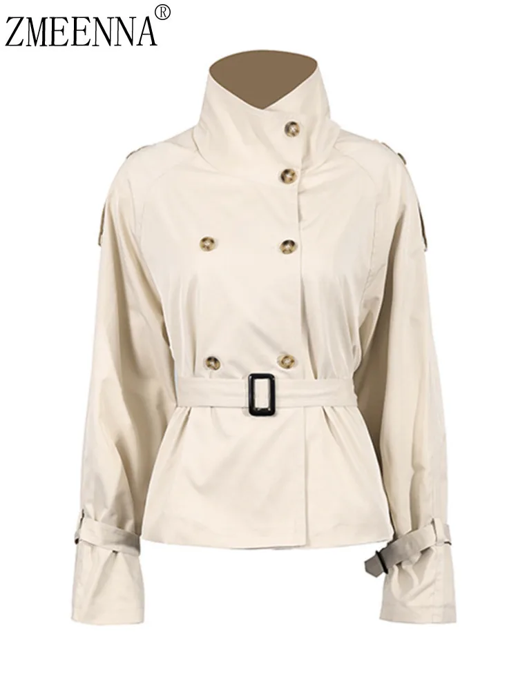 

ZMEENNA Women's Short Trench Coat Khaki Double-Breasted High Neck Collar Adjustable Belted Waist Lightweight Jacket ZM3974