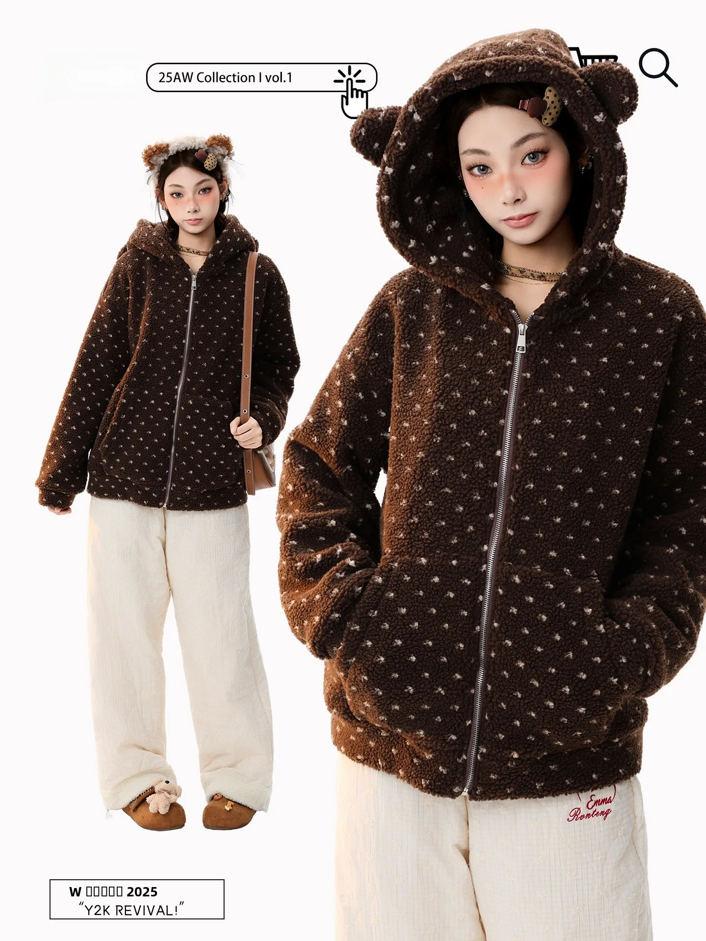 

PBB Thiened Lamb Fur Cotton Jaet Women's Commuter Sle Bear Ear Design Winter Coat Warm Fluffy Lined Zipper Closure