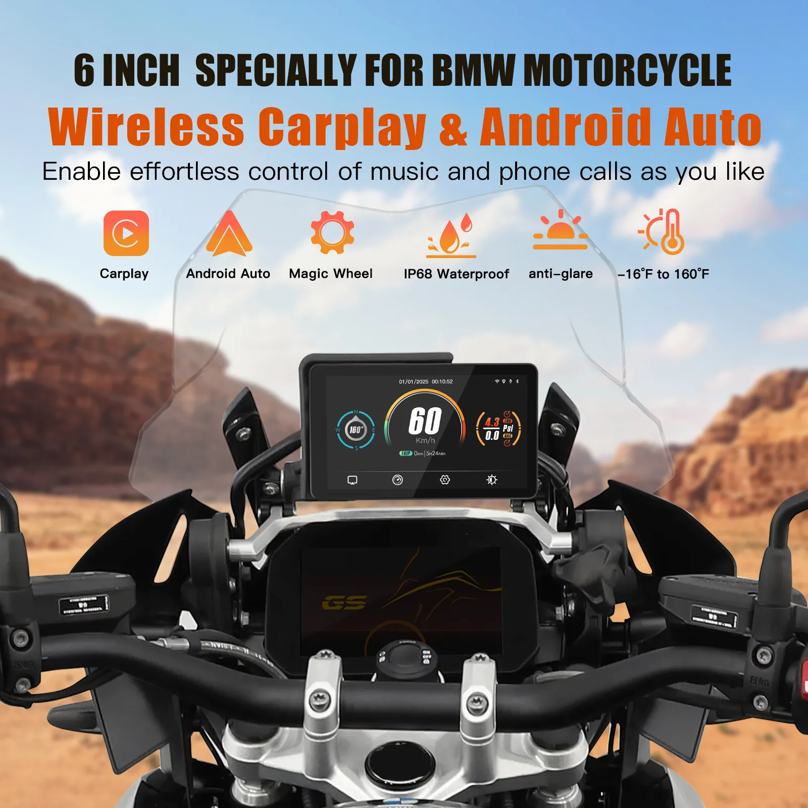 6" Motorcycle Wireless CarPlay Android Auto Portable Digital Dashboard Navigation Screen Special For BMW R1200GS R1250GS R1300GS