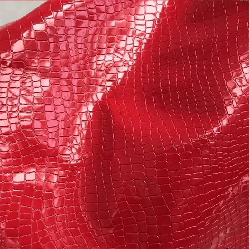 Good Bright Mirror Red Faux Crocodile Pattern Leather Fabric Soft Artificial Leather Fashion Design Fabric Sewn Material DIY Bag