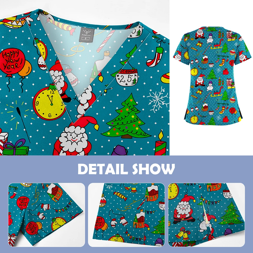 Uniforme de belleza para enfermera y hombre, camisetas con cuello en V con estampado navideño, uniformes quirúrgicos para Hospital, Top exfoliante estampado para enfermera