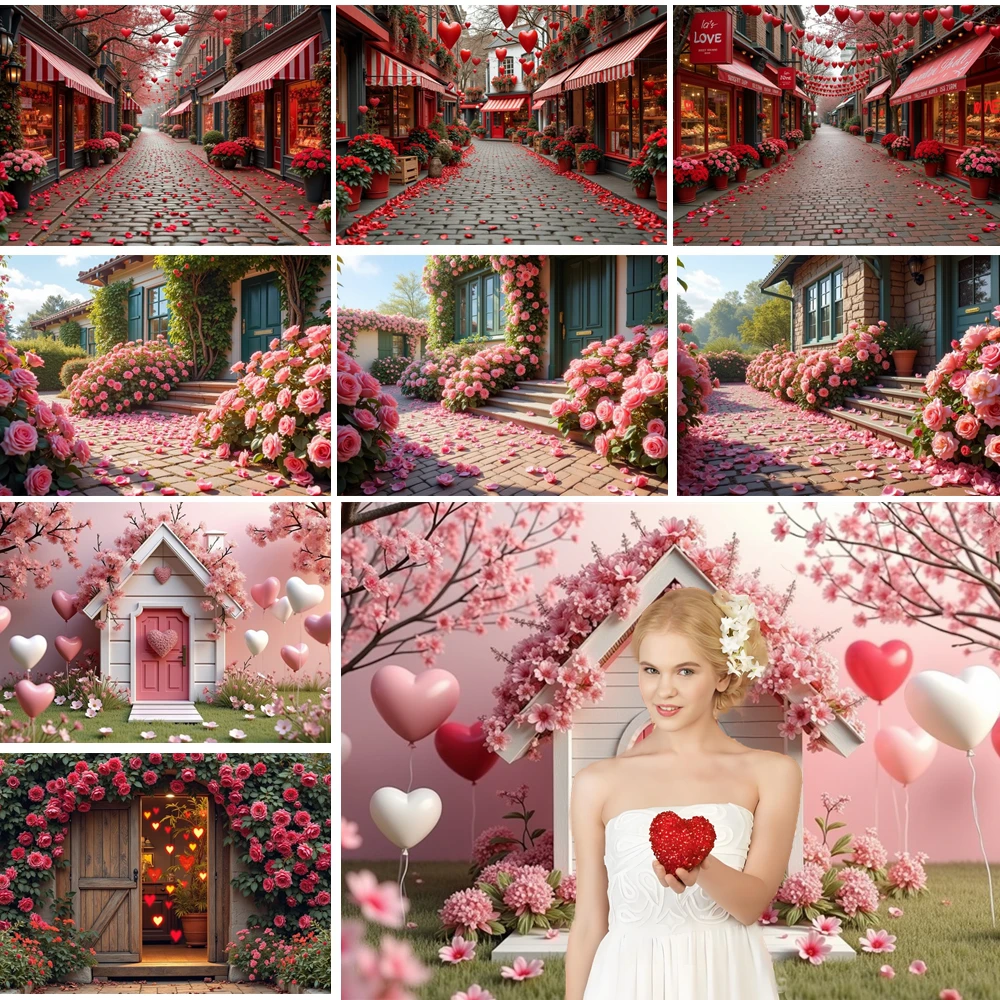 

MOON.QG Heart Cottage Street Backdrop Flower Cluster Road Valentine's Day Background Lover Portrait Wallpaper Photozone Birthday