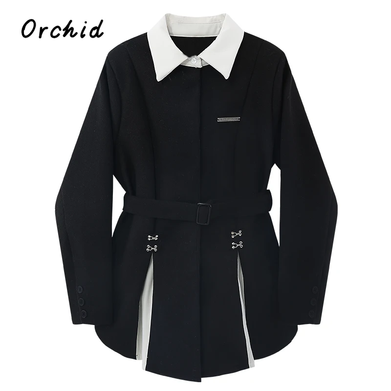 2023 New Young Women Black Gothic Blazer Vintage Fashion Jacket with Belt Y2k Suit Coat Elegant Harajuku Long Sleeve Outwear