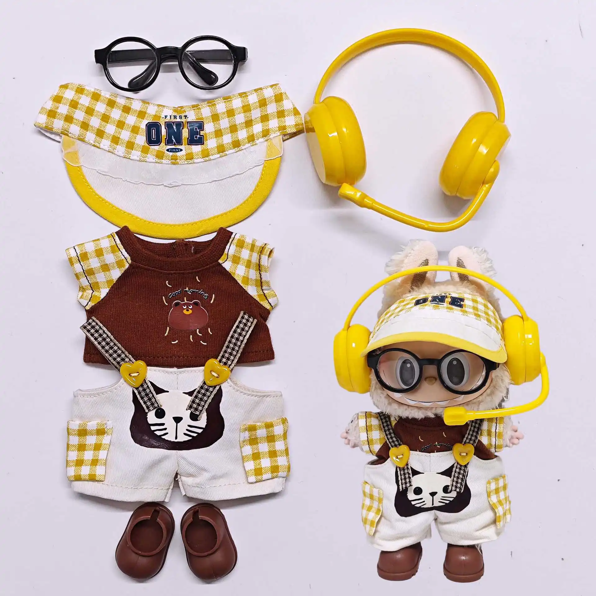 

Clothes for Labubu Plaid Shirt & Cat-themed Suspender Pants Set Costume Change for 1 2 3 Gen Vinyl Doll