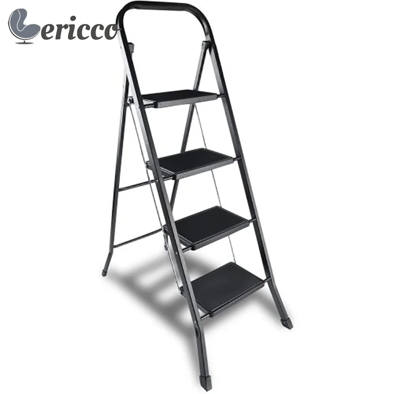 GERICCO Ladder Foldable Multifunctional 4 Step Ladder Non-slip Rubber Handgrip Portable Sturdy Black Steel Stool Ladder for Home