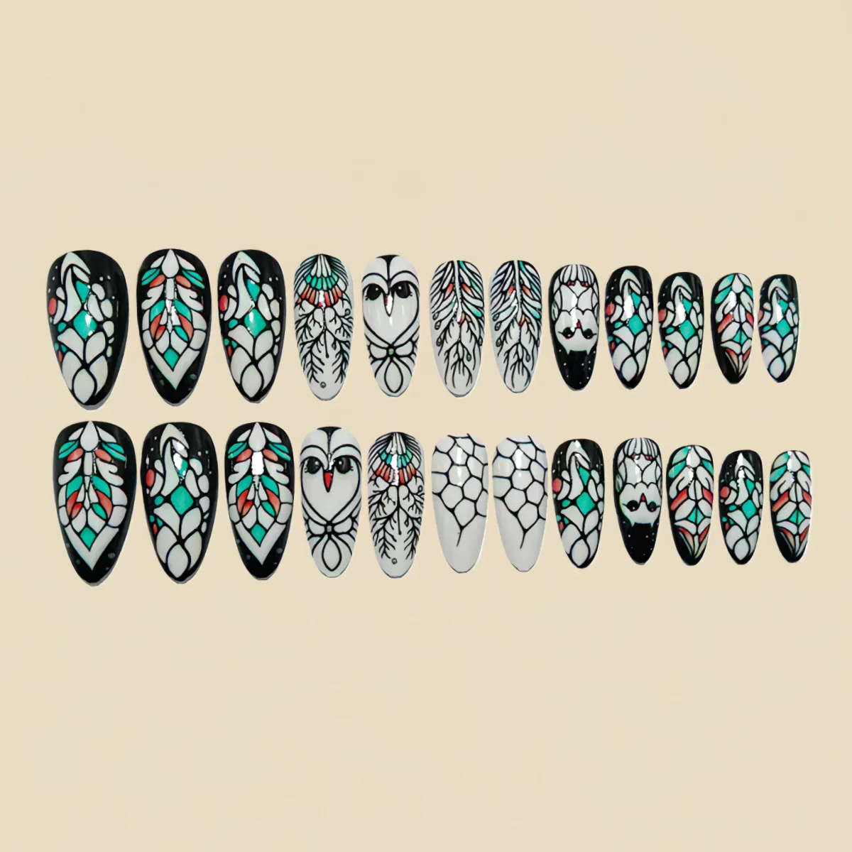 女性・女の子向けミディアムロングフェイクネイル、蝶・花・かわいいフクロウデザイン、バレエ・スクエア・アーモンドチップ、プレスオンつけ爪アートセット