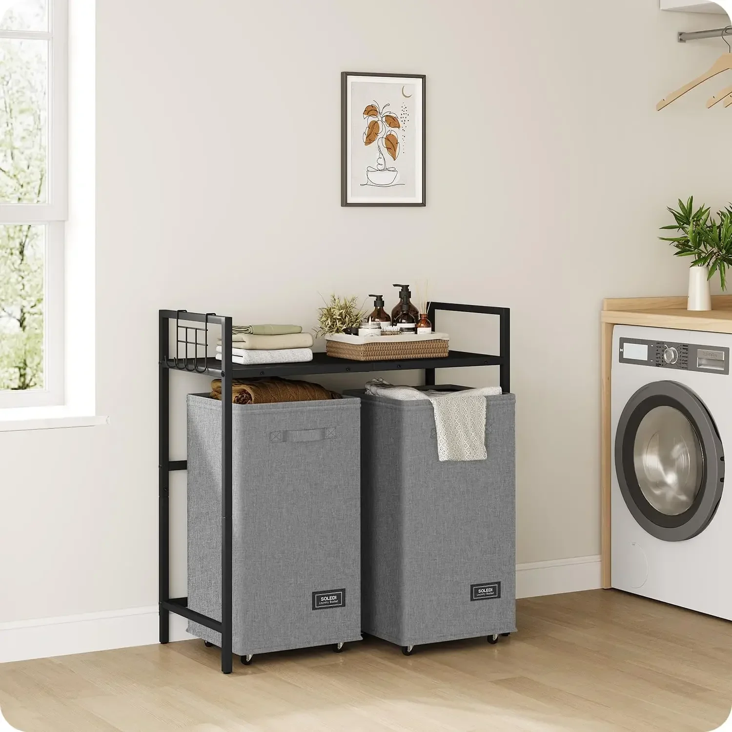 

y Double Laundry Hamper with Shelf, Rolling Laundry Basket with Wheels, Metal Frame Laundry Sorter Organizer,120L Large Clothes