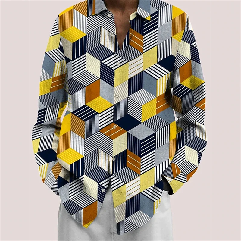 

Men's shirt summer long sleeve color block lapel outdoor street buttoned clothing fashionable casual breathable and comfortable
